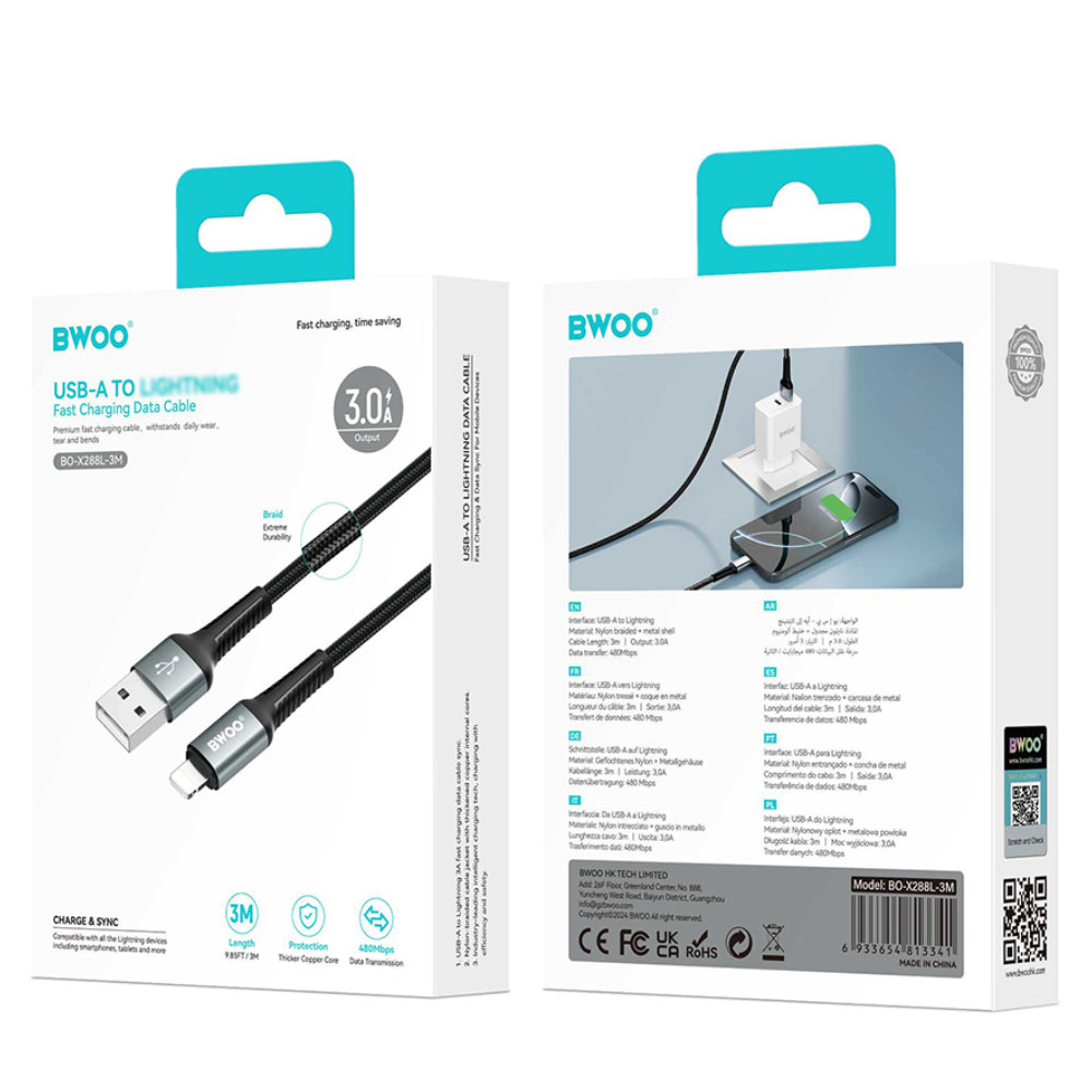 BWOO USB-A to Lightning Fast Charging Data Cable (3M)(BO-X288L-3M) - Black
