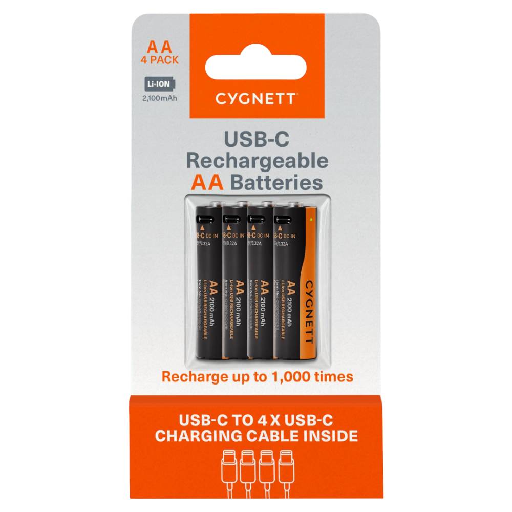 Cygnett AA USB-C Rechargeable Li-ion Battery (4 Pack) - Black