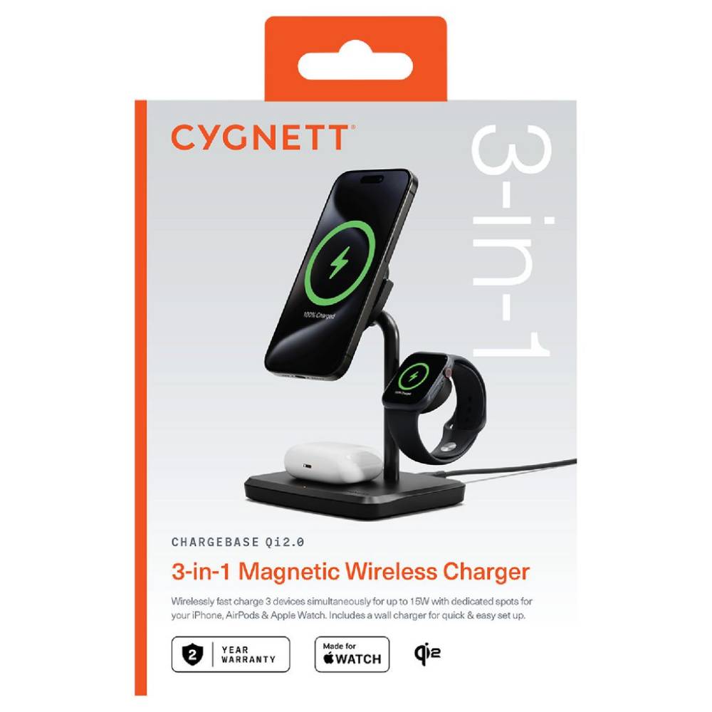 Cygnett ChargeBase Qi2.0 3-in-1 Magnetic Wireless Charger with 25W Wall Charger - Black