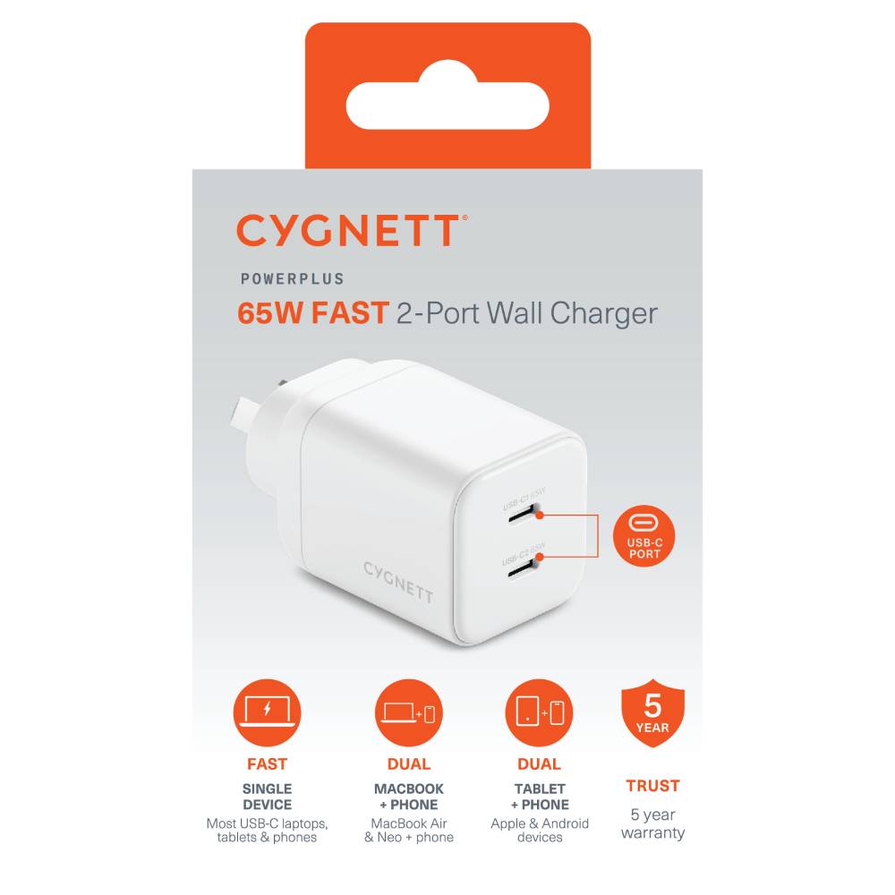 Cygnett 65W FAST 2-Port Wall Charger (GaN/ AVS/ PD) (White)