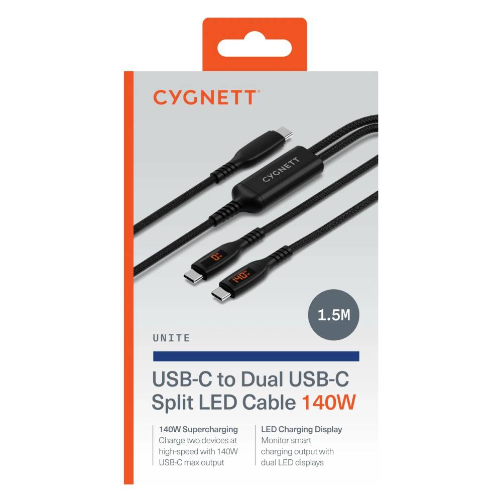 Cygnett Unite USB-C to Dual USB-C Split LED Cable 140W with LED Display 1.5M - Black