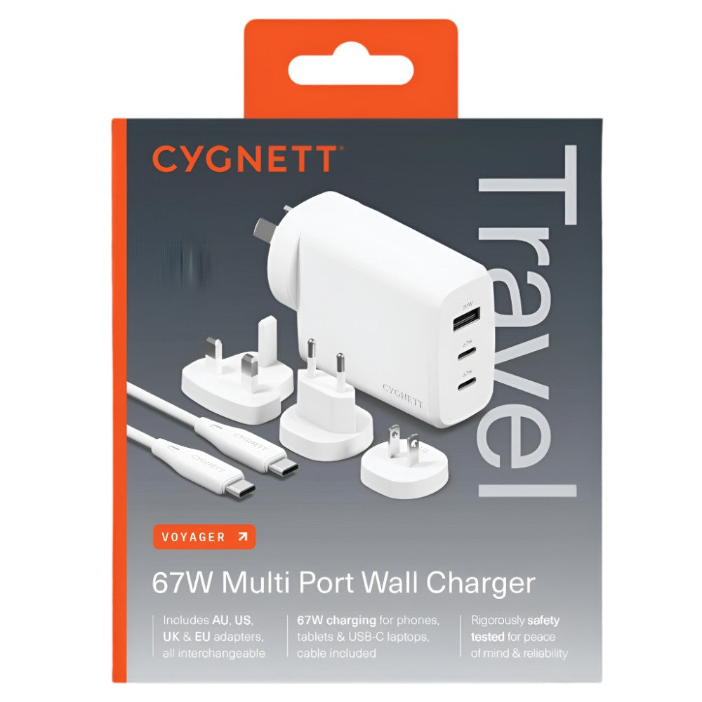 Cygnett Voyager 67W Multi Port Wall Charger (US/AU/UK/EU Plug Adapters) - White