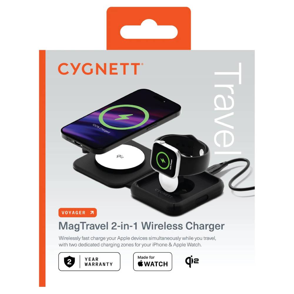 Cygnett Voyager MagTravel 2-in-1 Wireless Charger - Black