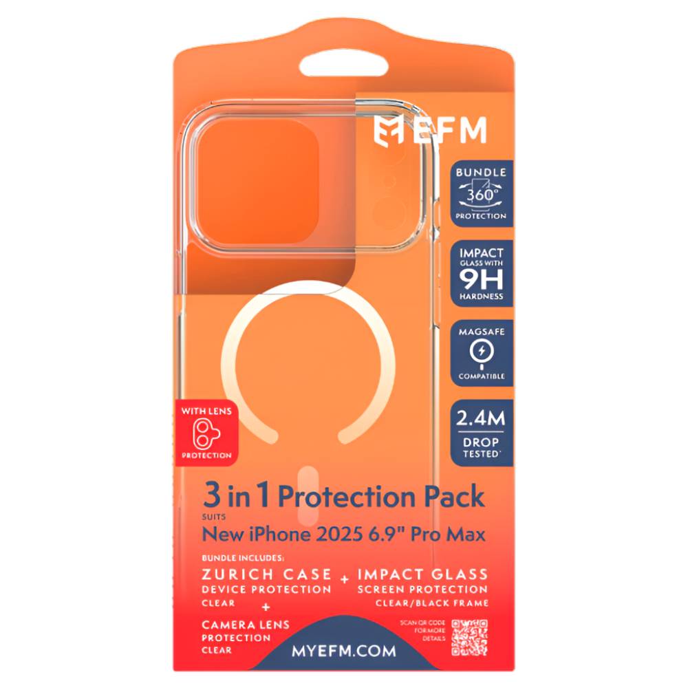 EFM 3-in-1 Case Screen Armour and Camera Lens Armour Bundle (Suits iPhone 17 Pro Max) - Clear