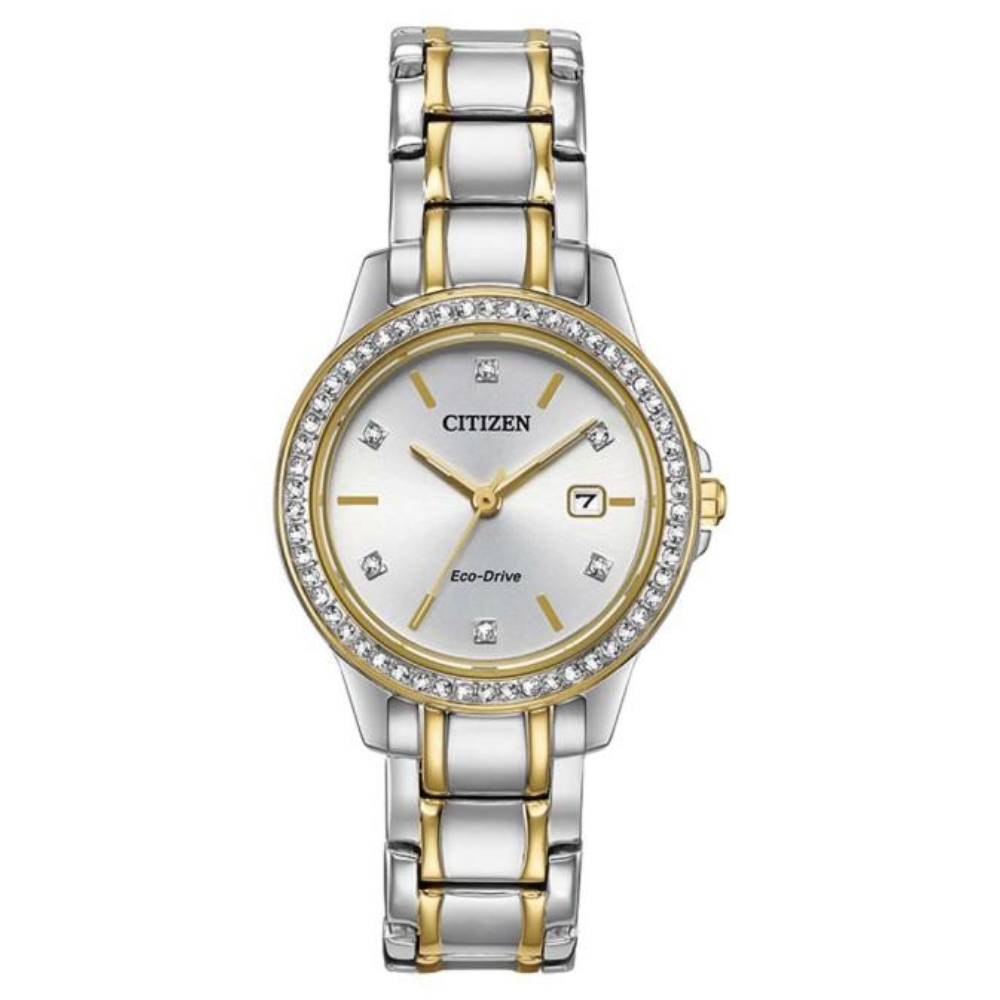 Citizen Eco-Drive Gold Silver Tone Crystal Accented Women's Watch (FE1174-50A)