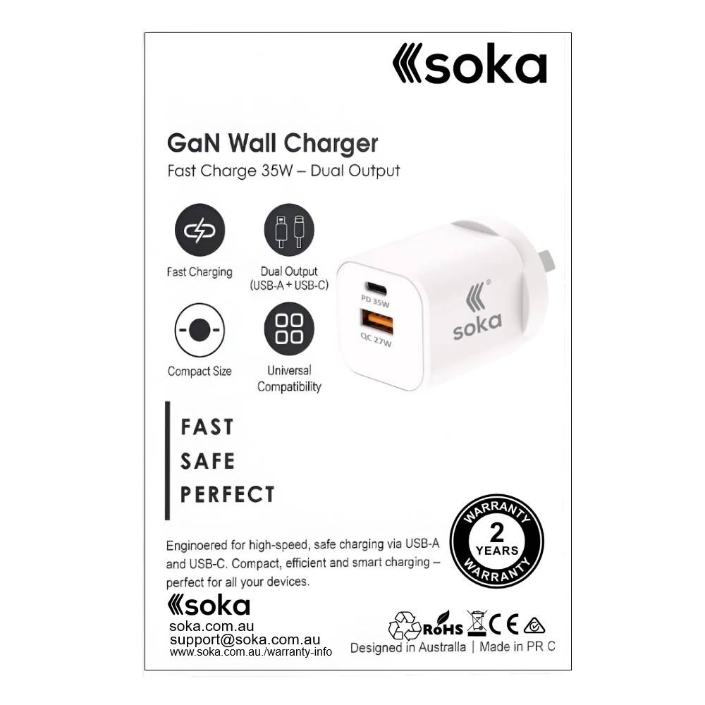 Soka Fast Wall Charger Gan3 35W USB-C PD + USB-A QC27W (Max 15W) - White