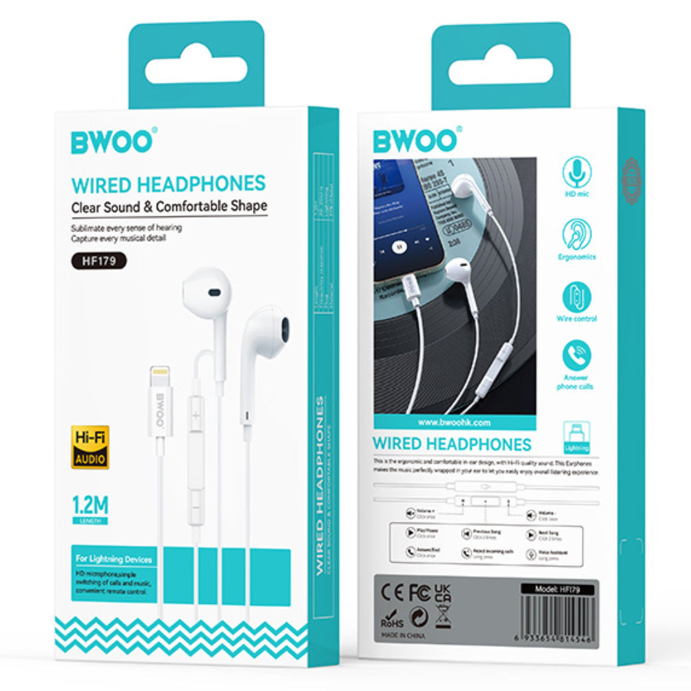 BWOO Lightning Hi-Fi Audio Stereo Wired Earphones (1.2M)(BO-HF179) - White