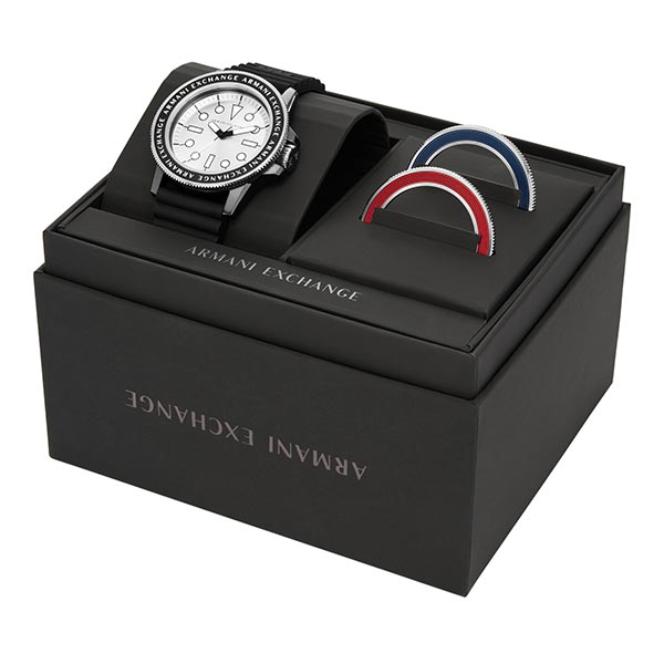 Armani Exchange Three-Hand Stainless Steel Men’s Watch and Topring Gift Set (AX7136SET)