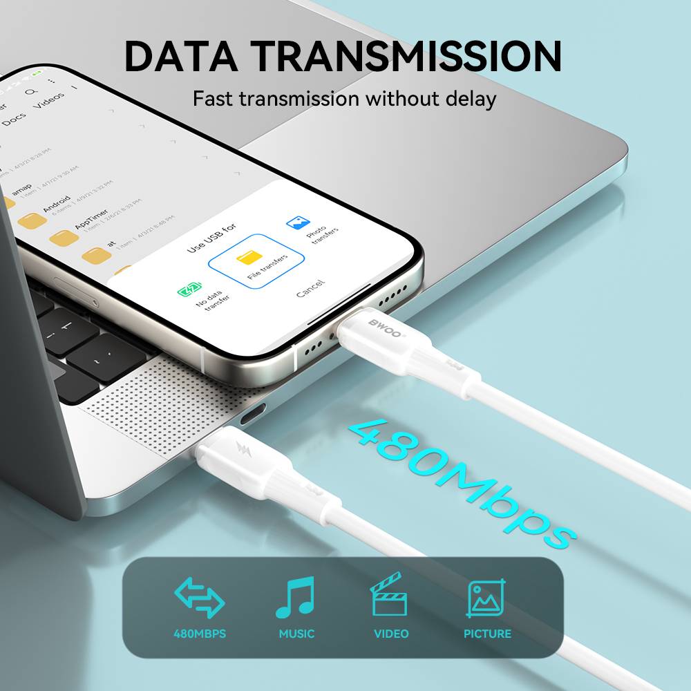 BWOO USB-C to lightning Soft Silicone Fast Charging Data Cable 27W PD (1M)(BO-X329CL) - White