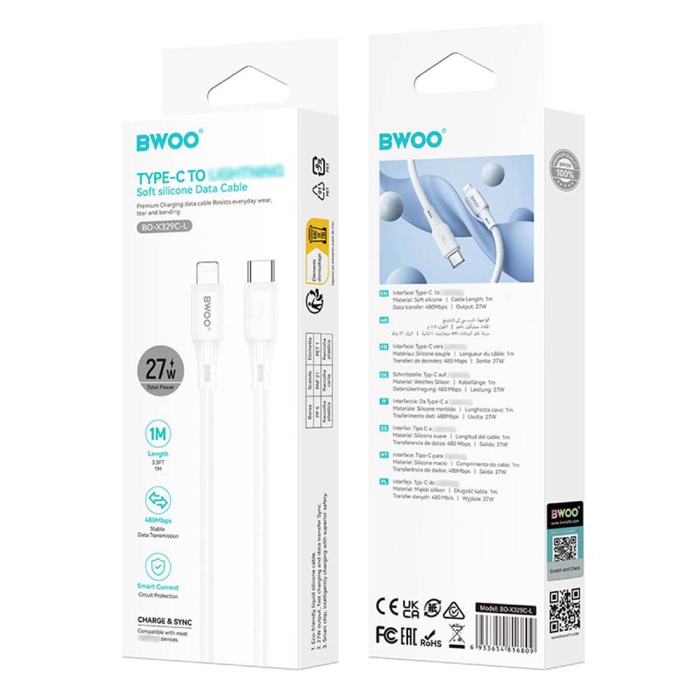BWOO USB-C to lightning Soft Silicone Fast Charging Data Cable 27W PD (1M)(BO-X329CL) - White