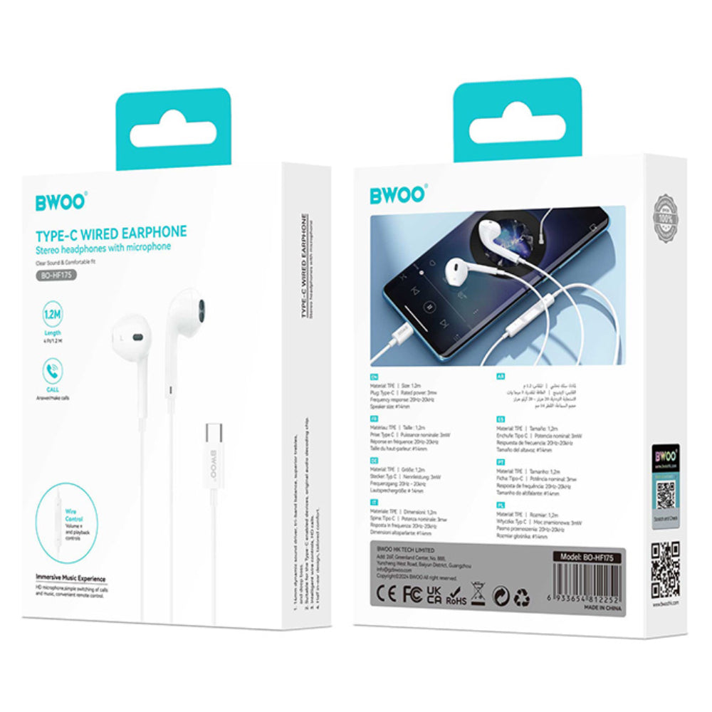 BWOO USB-C Hi-Fi Audio Stereo Wired Earphones (1.2M)(BO-HF175) - White