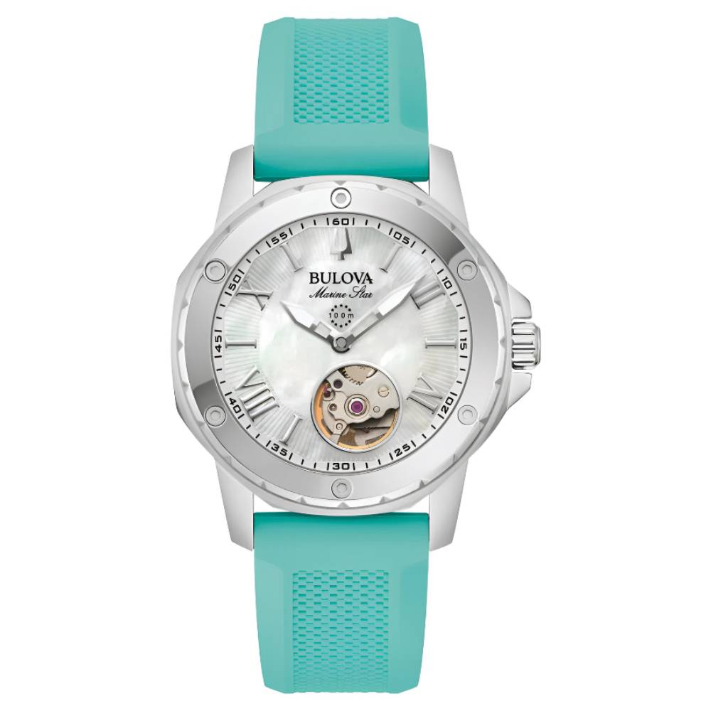 Bulova Marine Star Automatic Blue Silicone Mother of Pearl Dial Women's Watch (96L325)