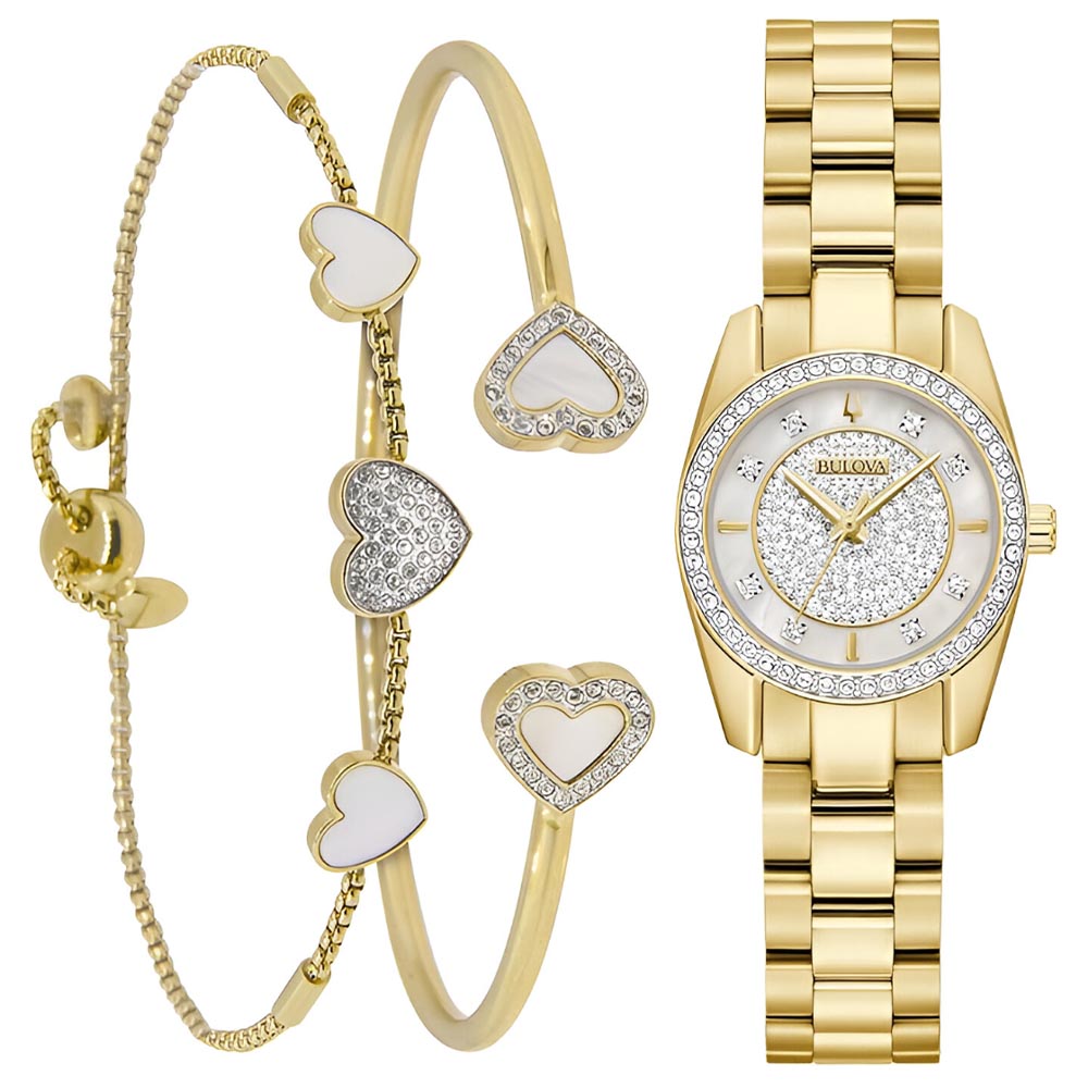 Bulova Crystal Stainless Steel Mother of Pearl Dial Women's Watch & Bracelet (98X137)