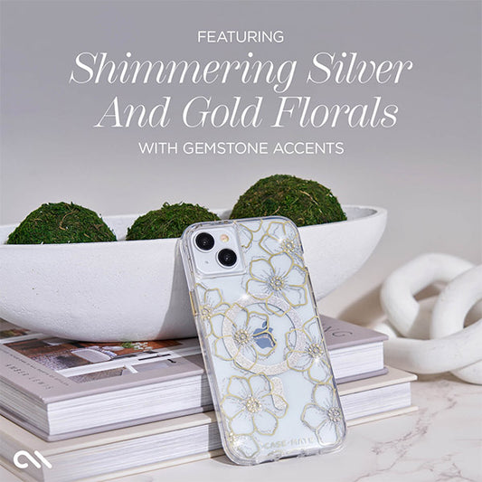 Case-Mate Floral Gems MagSafe Case (Suits iPhone 15) - Gold / Clear