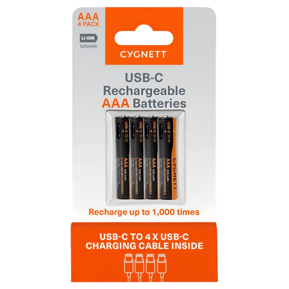Cygnett AAA USB-C Rechargeable Li-ion Battery (4 Pack) - Black