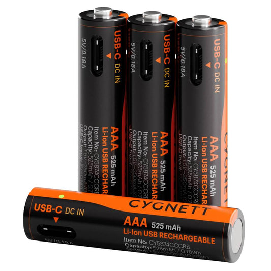 Cygnett AAA USB-C Rechargeable Li-ion Battery (4 Pack) - Black