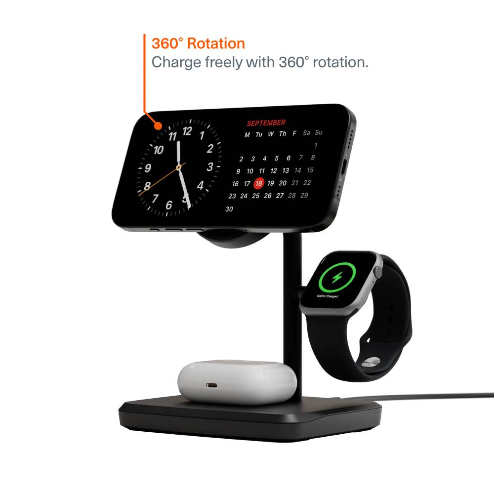 Cygnett ChargeBase Qi2.0 3-in-1 Magnetic Wireless Charger with 25W Wall Charger - Black