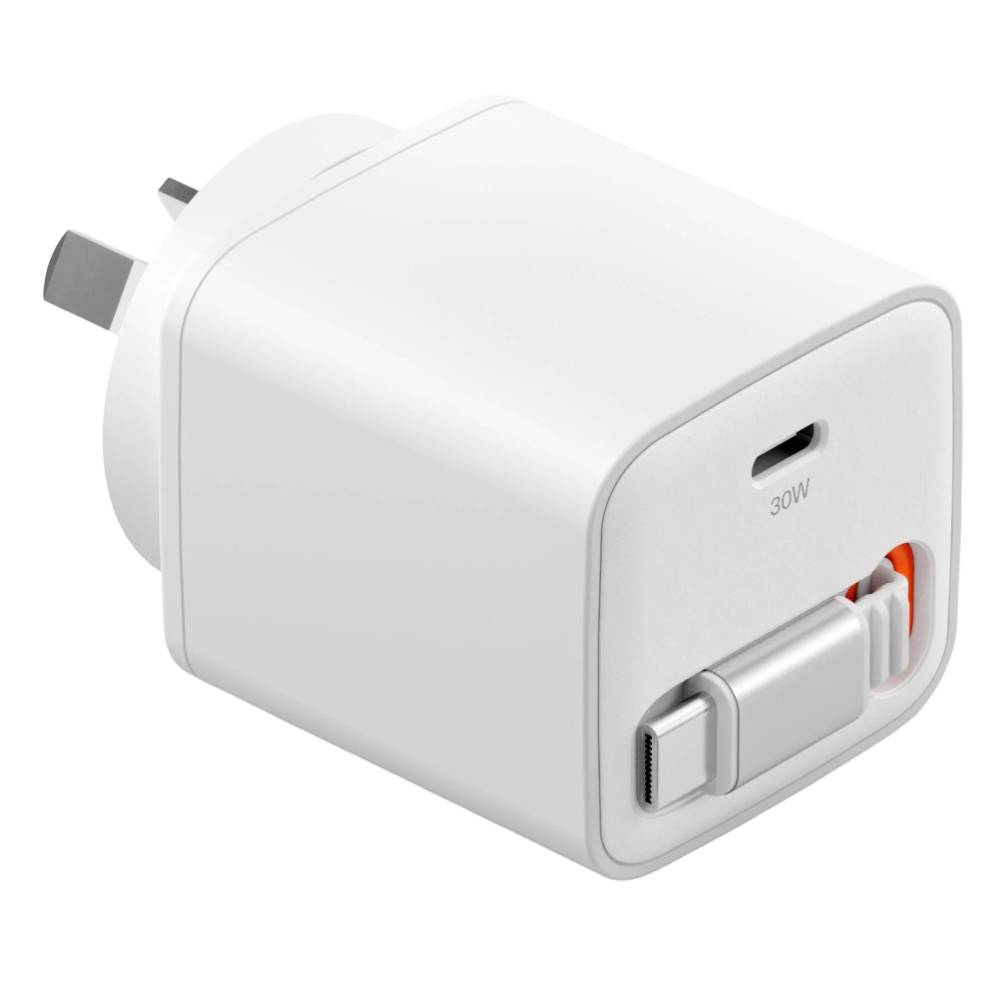 Cygnett PowerPlus 30W USB-C GaN Wall Charger with 80cm Retractable Cable - White
