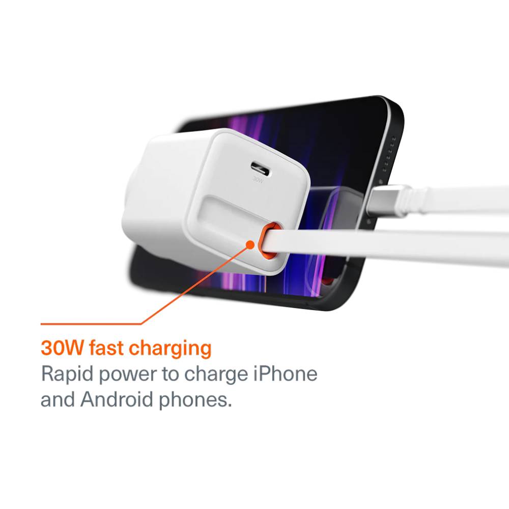 Cygnett PowerPlus 30W USB-C GaN Wall Charger with 80cm Retractable Cable - White
