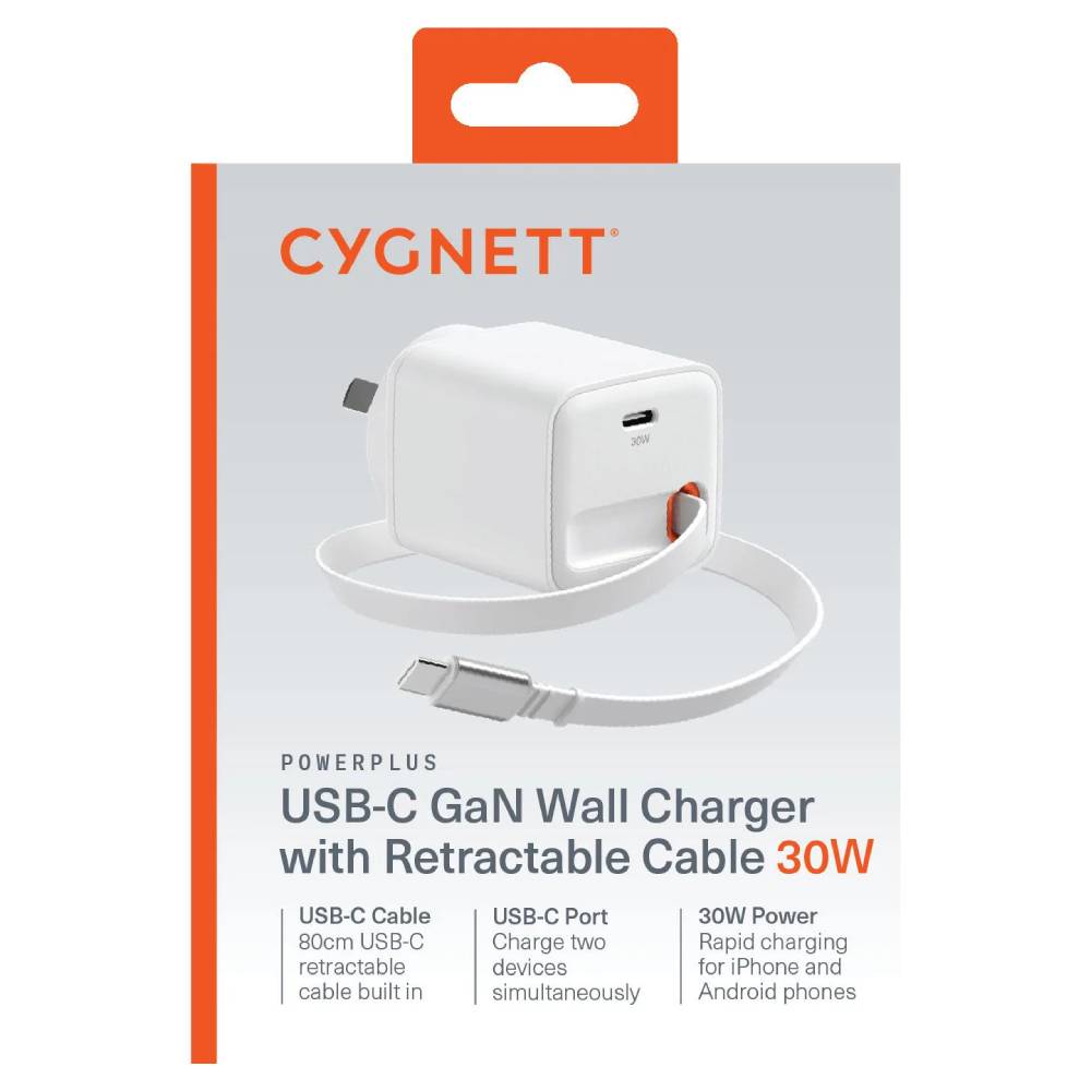 Cygnett PowerPlus 30W USB-C GaN Wall Charger with 80cm Retractable Cable - White