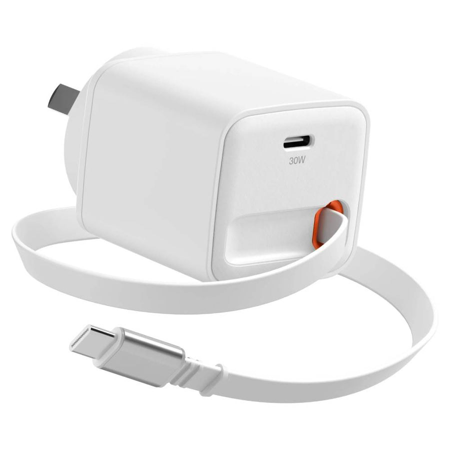Cygnett PowerPlus 30W USB-C GaN Wall Charger with 80cm Retractable Cable - White