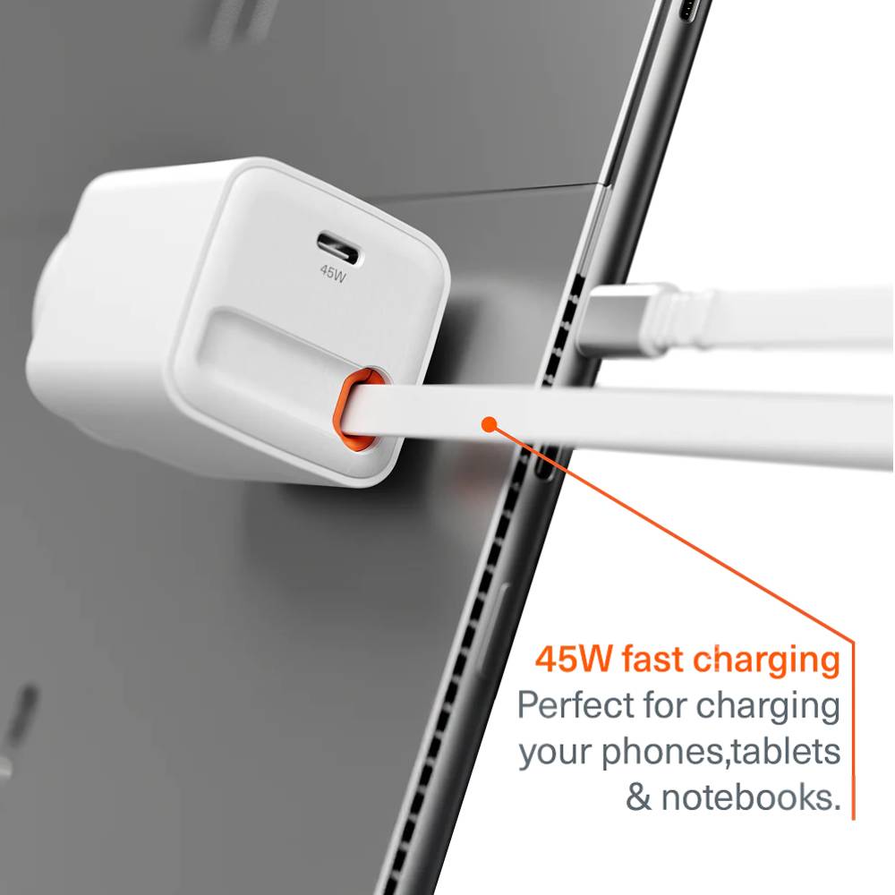 Cygnett PowerPlus 45W USB-C GaN Wall Charger with 80cm Retractable Cable - White
