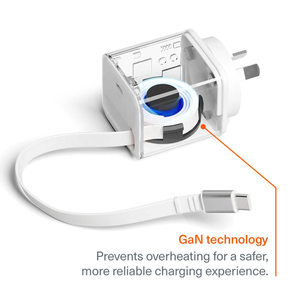 Cygnett PowerPlus 45W USB-C GaN Wall Charger with 80cm Retractable Cable - White