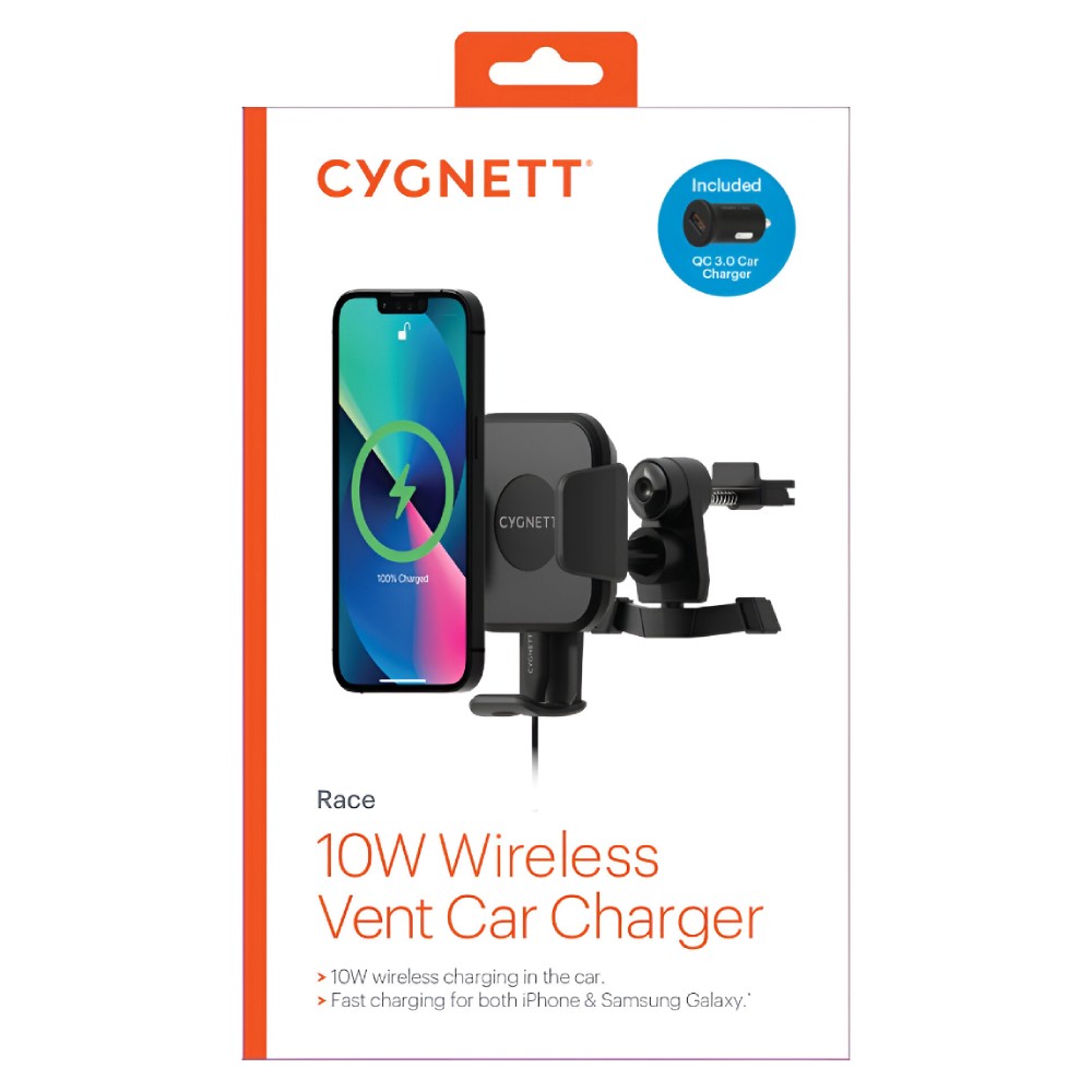 Cygnett Wireless 10W Vent Car Charger Mount + Car Charger and Cable - Black