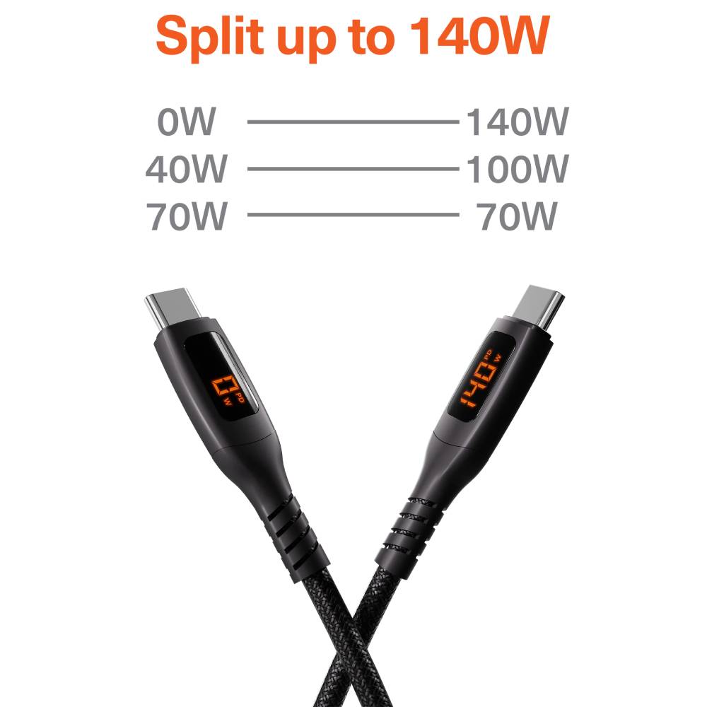 Cygnett Unite USB-C to Dual USB-C Split LED Cable 140W with LED Display 1.5M - Black
