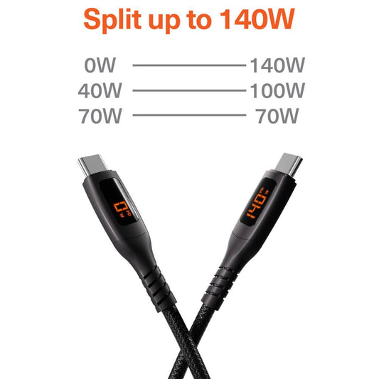 Cygnett Unite USB-C to Dual USB-C Split LED Cable 140W with LED Display 1.5M - Black