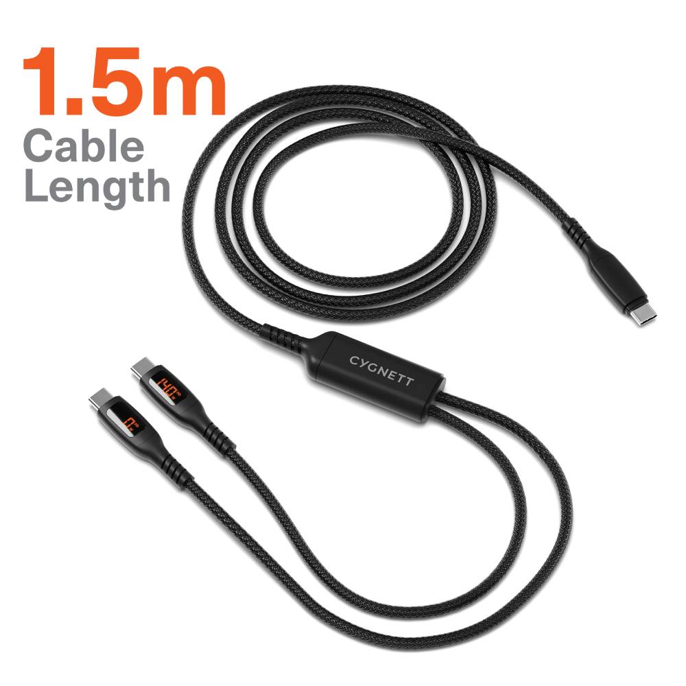 Cygnett Unite USB-C to Dual USB-C Split LED Cable 140W with LED Display 1.5M - Black
