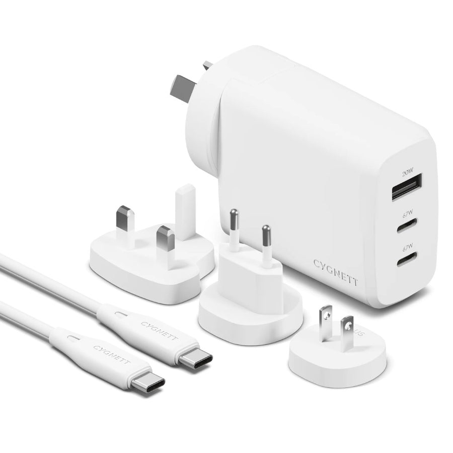 Cygnett Voyager 67W Multi Port Wall Charger (US/AU/UK/EU Plug Adapters) - White