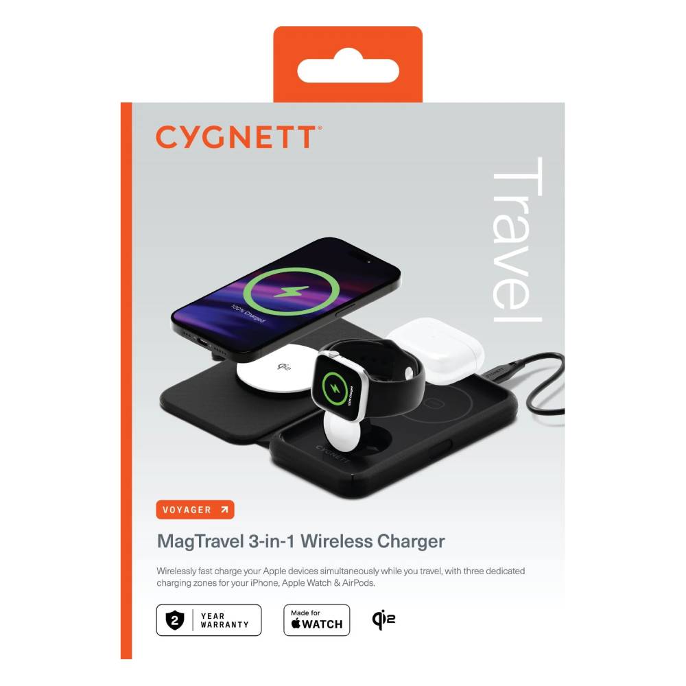 Cygnett Voyager MagTravel 3-in-1 Qi2.0 Wireless Charger - Black