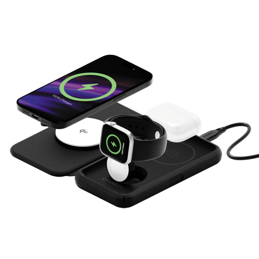 Cygnett Voyager MagTravel 3-in-1 Qi2.0 Wireless Charger - Black