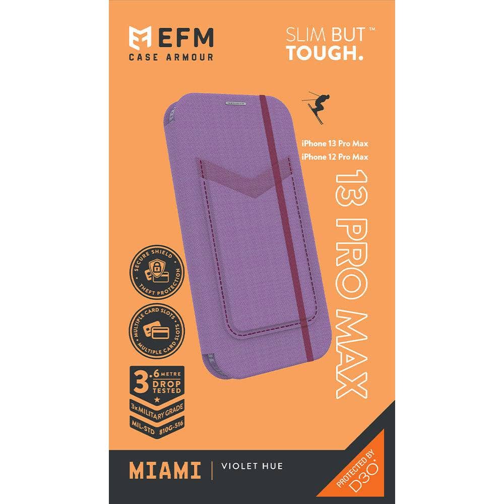 EFM Miami Leather Wallet Case Armour with D3O (Suits iPhone 13 Pro Max) - Violet