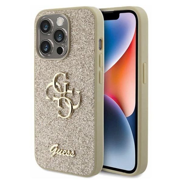 Guess PU Fixed Glitter 4G Metal Logo kryt (Suits iPhone 15 Pro) - Gold