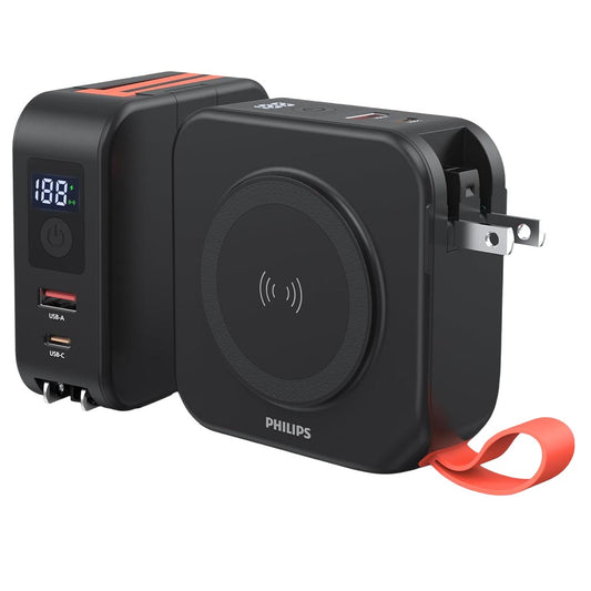 PHILIPS 3 in 1 Power Bank Wireless 10000mAh 20W Travel Charger with USB-C Cable and AU, EU, UK Adapters Black