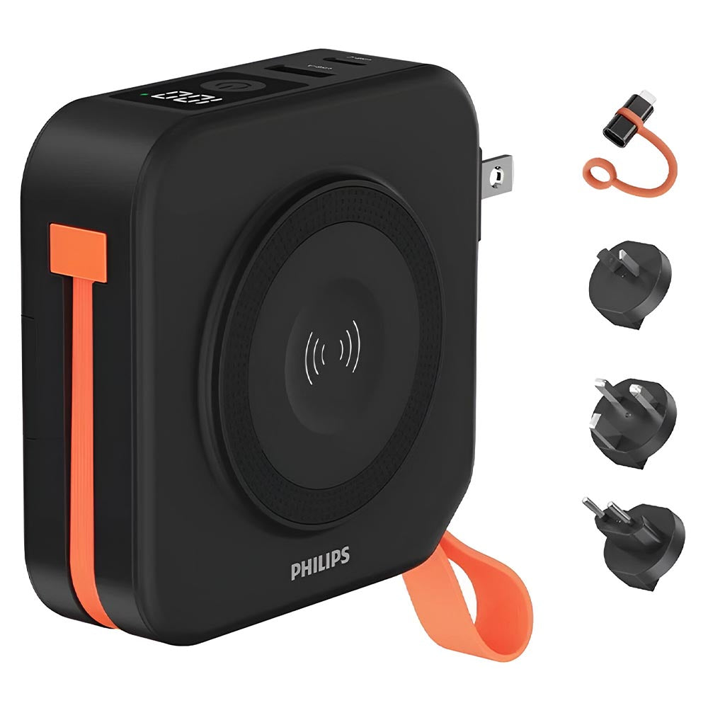 PHILIPS 3 in 1 Power Bank Wireless 10000mAh 20W Travel Charger with USB-C Cable and AU, EU, UK Adapters Black