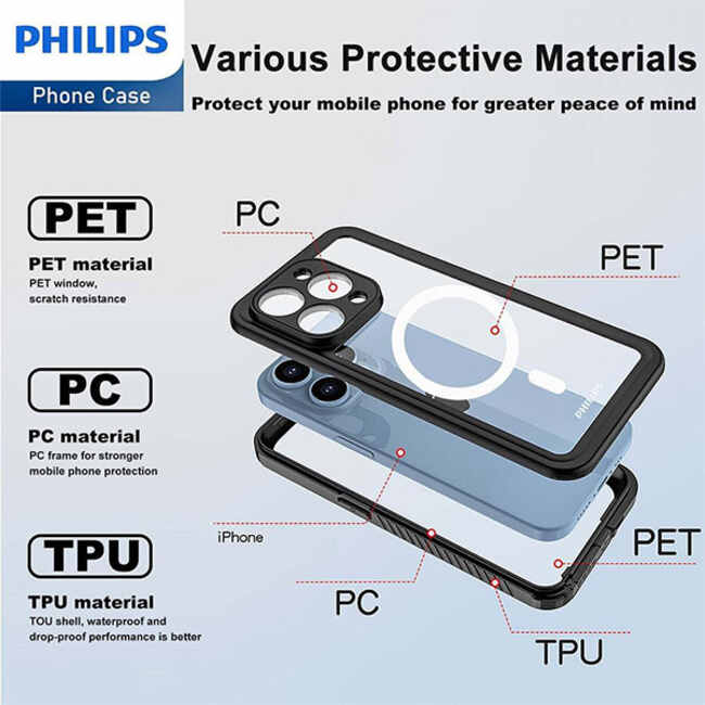 Philips Full Protection Waterproof MagSafe Case (Suits iPhone 15 Pro) - Black