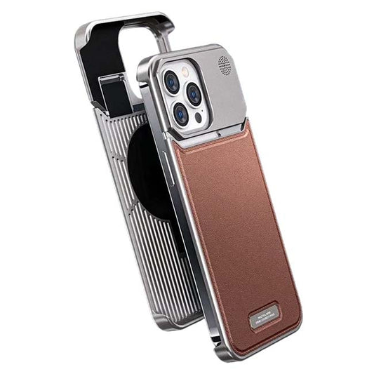 Pop Phones Metal Leather Frameless Aromatherapy Case (Suits iPhone 15 Pro) - Brown