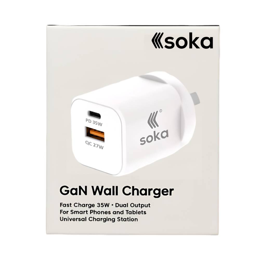 Soka Fast Wall Charger Gan3 35W USB-C PD + USB-A QC27W (Max 15W) - White