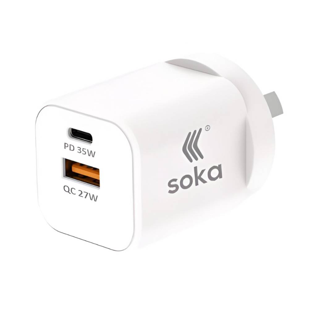 Soka Fast Wall Charger Gan3 35W USB-C PD + USB-A QC27W (Max 15W) - White