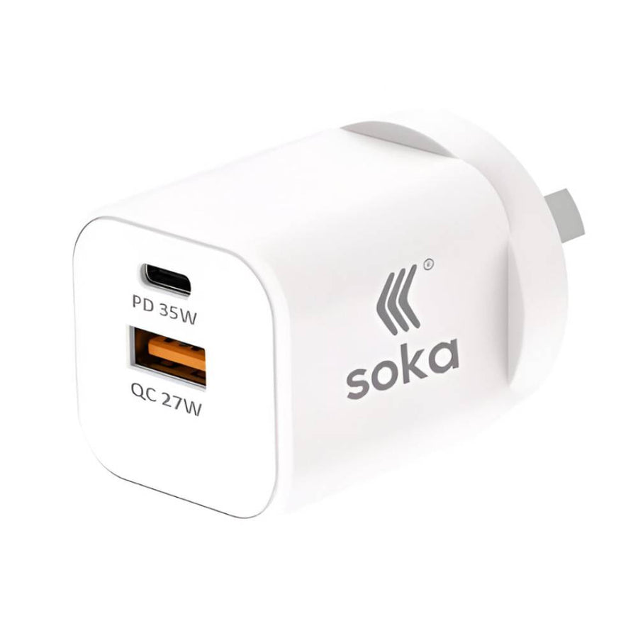 Soka Fast Wall Charger Gan3 35W USB-C PD + USB-A QC27W (Max 15W) - White