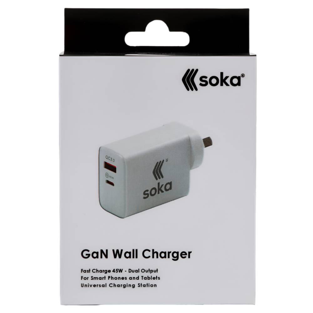 Soka 45W Gan3 Fast Wall Charger Adapter [USB C + USB A] - White