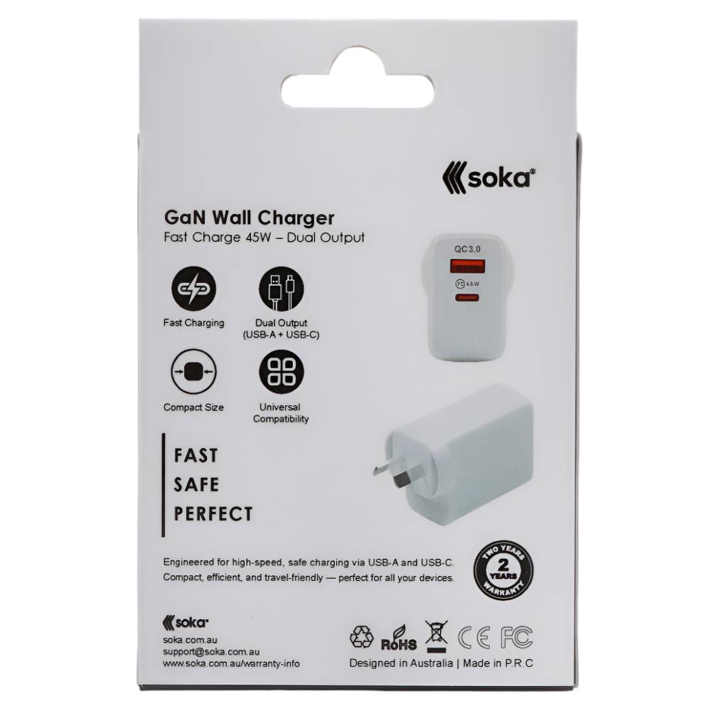 Soka 45W Gan3 Fast Wall Charger Adapter [USB C + USB A] - White