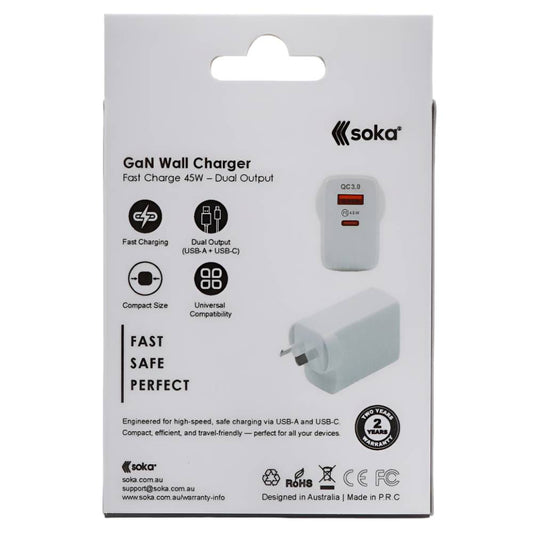 Soka 45W Gan3 Fast Wall Charger Adapter [USB C + USB A] - White