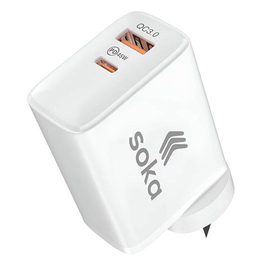 Soka 45W Gan3 Fast Wall Charger Adapter [USB C + USB A] - White