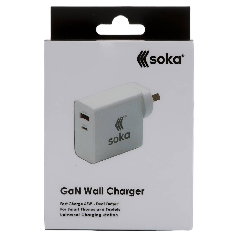 Soka 65W Gan3 Fast Wall Charger Adapter [USB C + USB A] - White