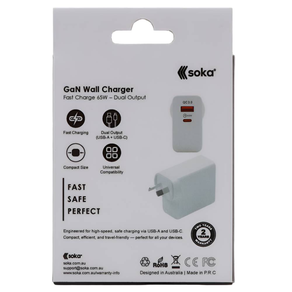 Soka 65W Gan3 Fast Wall Charger Adapter [USB C + USB A] - White