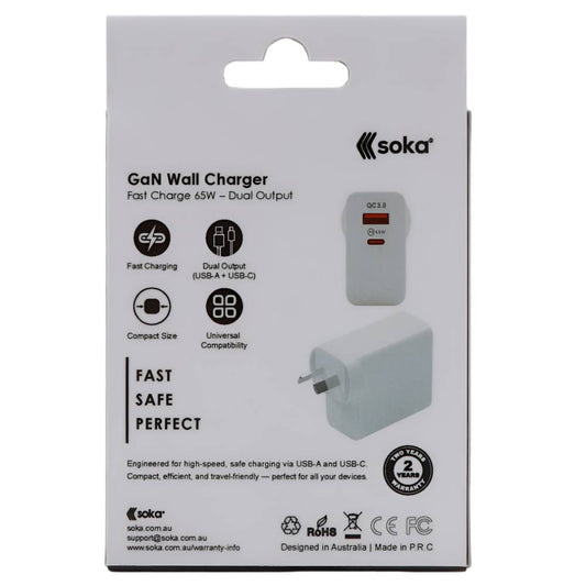 Soka 65W Gan3 Fast Wall Charger Adapter [USB C + USB A] - White